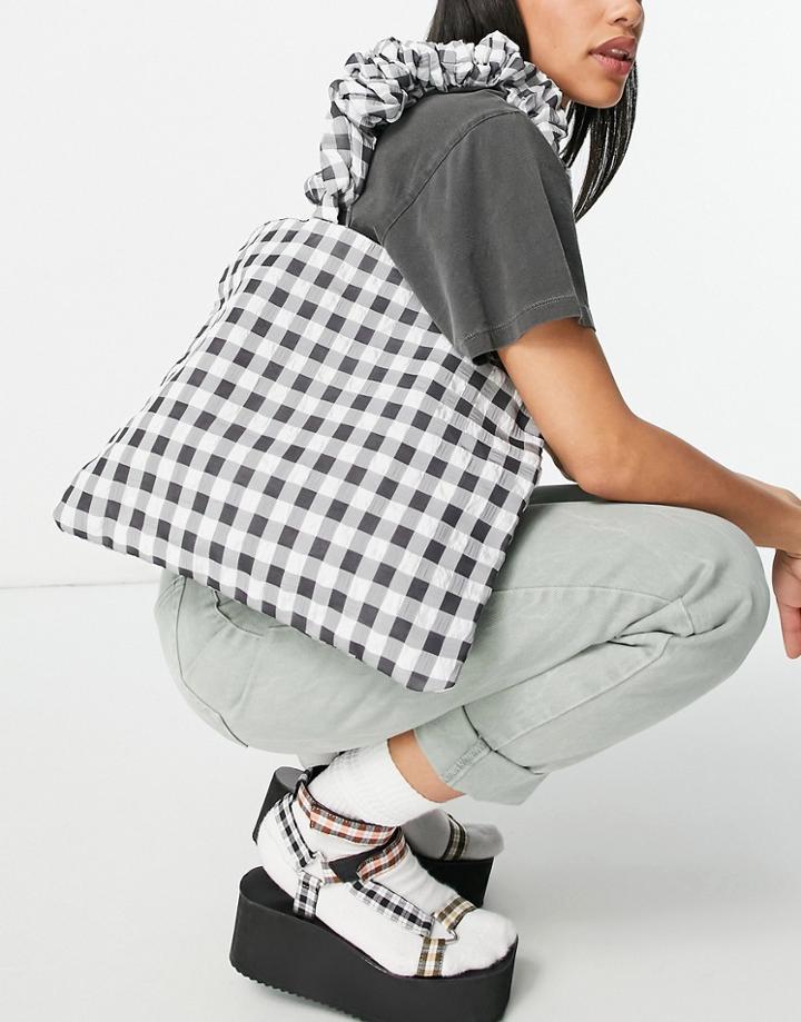 Asos Design Shopper Bag With Ruched Handle In Mono Gingham Print-black