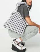 Asos Design Shopper Bag With Ruched Handle In Mono Gingham Print-black