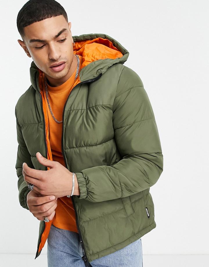 Jack & Jones Originals Hooded Puffer Jacket In Khaki-green