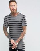 Asos Longline Muscle T-shirt In Stripe With Crew Neck In Gray - Gray