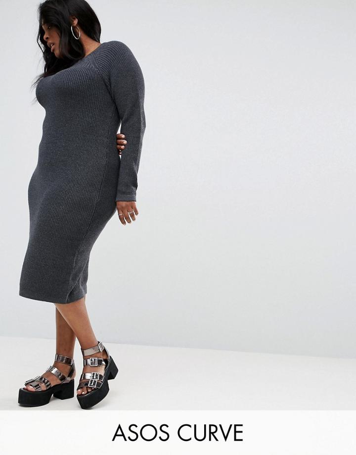 Asos Curve Chunky Knit Midi Dress With Rib Panel - Gray