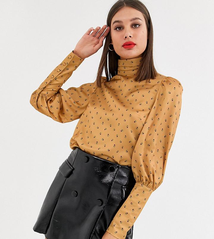 Fashion Union Tall High Neck Blouse With Balloon Sleeve In Yellow Floral Satin