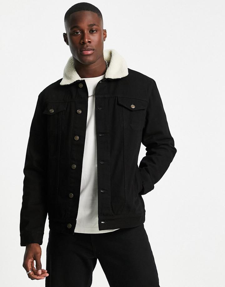 Brave Soul Denim Jacket With Detachable Borg Collar In Black