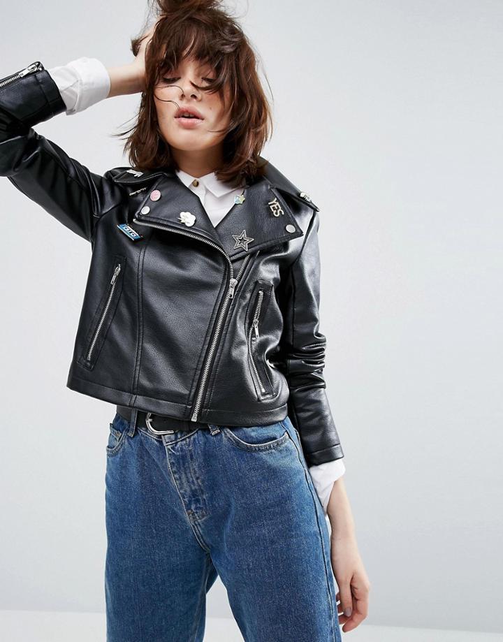 Asos Ultimate Leather Look Biker Jacket With Pin Badge Detail - Black