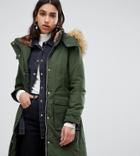 Warehouse Padded Parka Coat With Faux Fur Trim In Khaki - Green