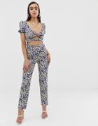 Lioness Off Shoulder Jumpsuit With Double Tie Front In Geometric Print-multi