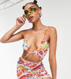 Asyou Strap Detail Cut Out Bikini Mini Dress In Graffiti Print-multi