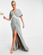 Asos Design Bridesmaids Blouson Sleeve Maxi Dress With Satin Chevron Waist Band And Button Back In Olive-green