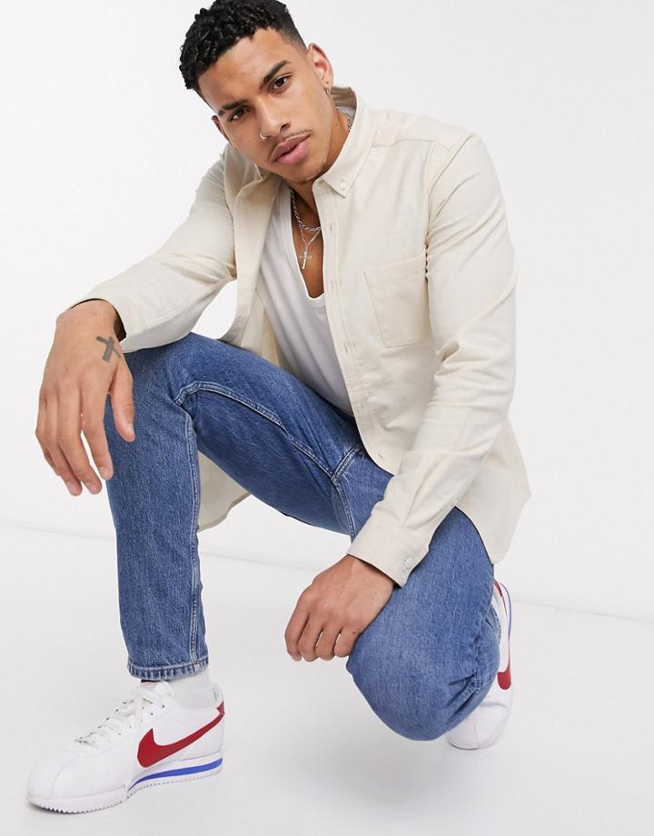 Asos Design Slim Fit Organic Oxford Shirt In Yarn Dye Beige-neutral
