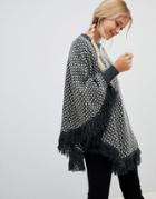 Qed London Roll Neck Poncho Sweater With Tassle Detail - Gray