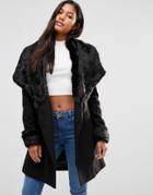 Michelle Keegan Loves Lipsy Luxury Wrap Coat With Faux Fur Trim - Black