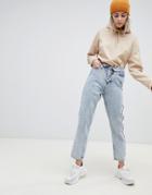 Asos Design Ritson Rigid Mom Jeans With Exposed Fly Detail And Fold Over Waist Band In Light Stone Wash - Blue