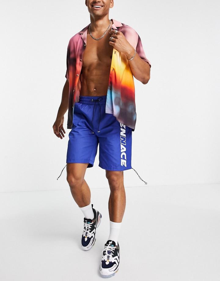 Mennace Nylon Shorts In Blue With Retro Placement Print-blues