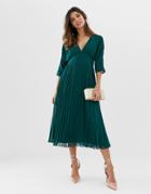 Asos Design Pleated Midi Dress With Batwing Sleeves - Green