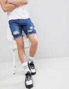 Boohooman Slim Fit Shorts With Rips In Dark Blue Wash - Blue
