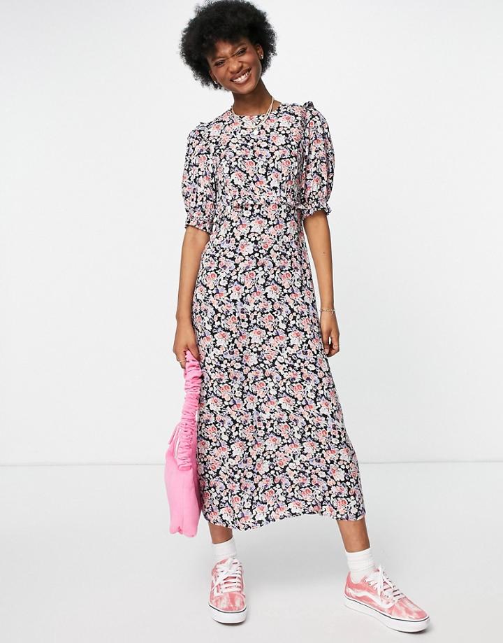 Nobody's Child High Neck Midi Tea Dress In Dark Floral-multi