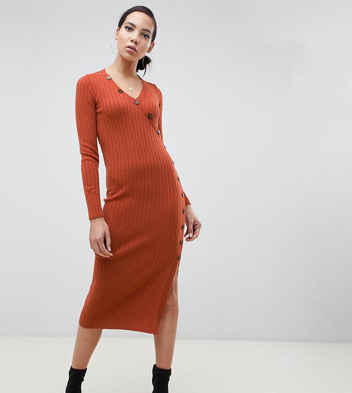 Asos Design Tall Dress In Rib Knit With Button Detail - Red