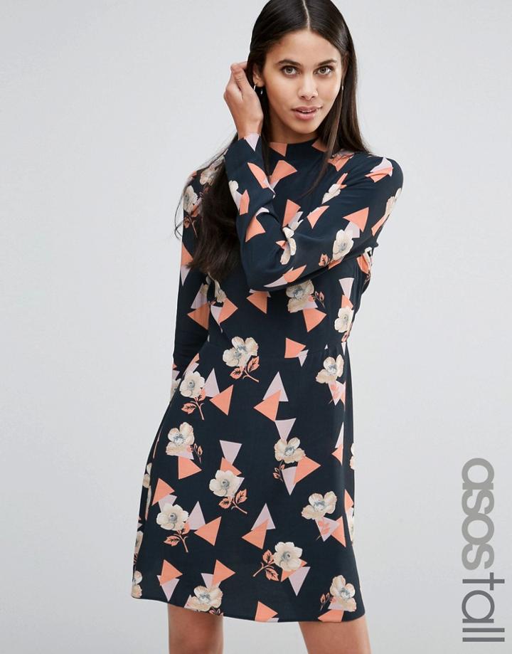 Asos Tall High Neck Skater Dress With Open Back In Geo Floral Print -