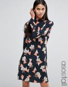 Asos Tall High Neck Skater Dress With Open Back In Geo Floral Print -