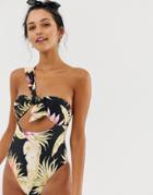 River Island One Shoulder Swimsuit With Knot Front In Tropical Print-multi