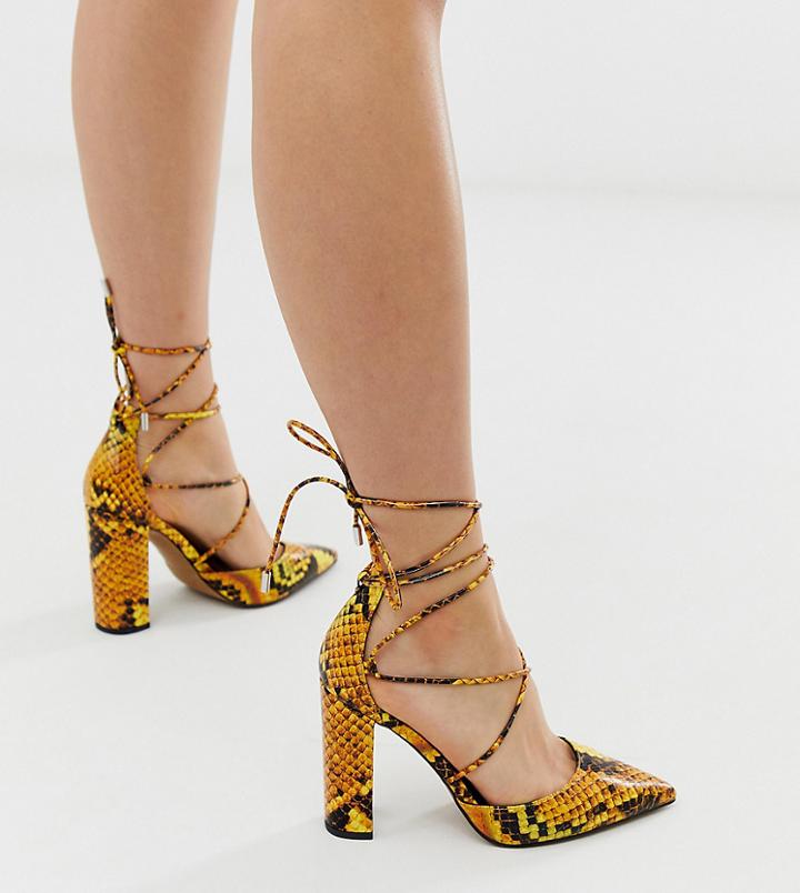 Asos Design Wide Fit Power Trip High Block Heels In Bright Yellow Snake - Multi