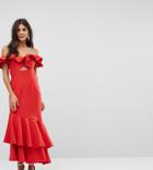 Jarlo Ruffle Bardot Maxi Dress With Cut Out - Red