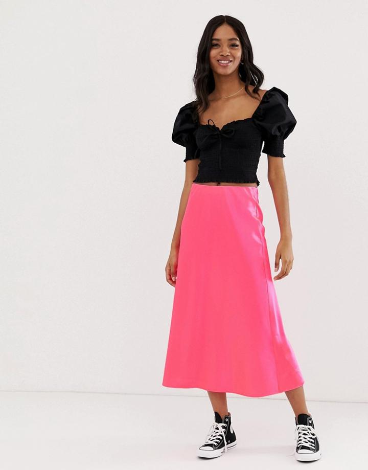 New Look Satin Midi Skirt In Neon Pink