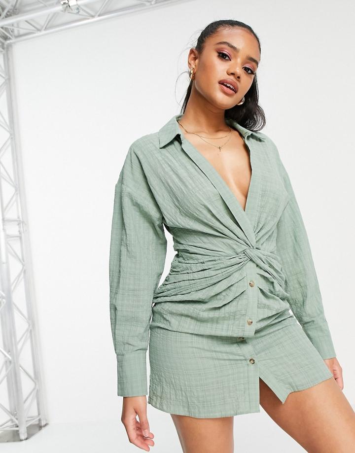 Asos Design Knot Front Mini Shirt Dress In Khaki-green