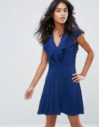 Liquorish Frill Front Dress - Navy