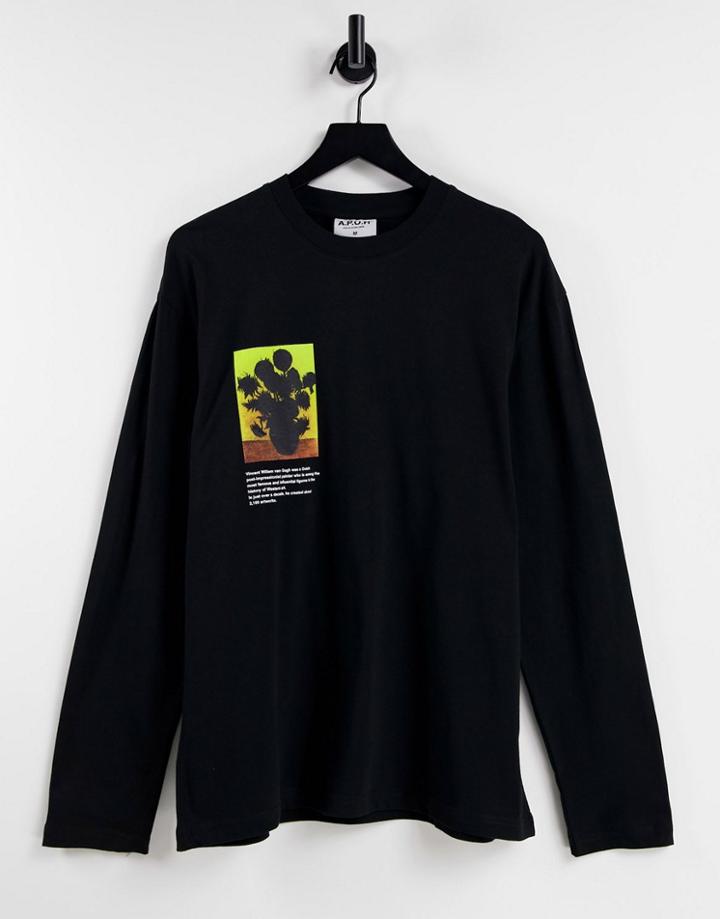 Topman Oversized Long Sleeve T-shirt With Sunflower Print In Black