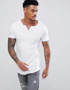 Asos Design Longline Muscle Fit T-shirt With Notch Neck And Curved Hem In White - White