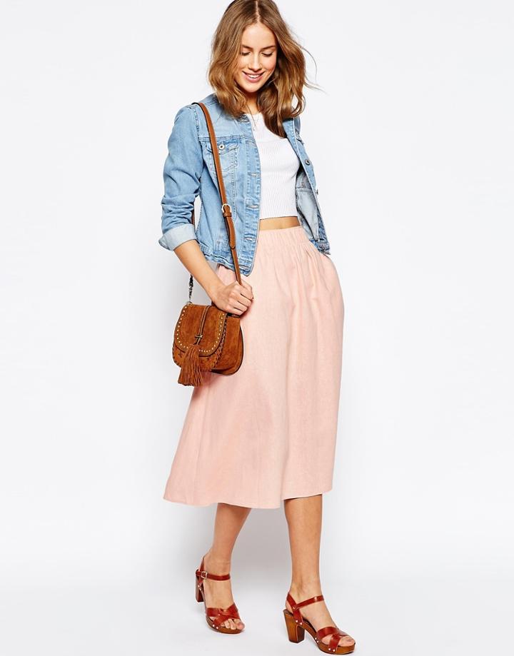 Asos Full Midi Skirt In Linen - Nude