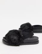 Truffle Collection Sling Back Fluffy Slippers In Black