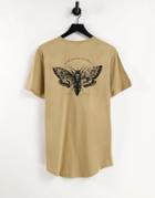 Only & Sons Curved Hem T-shirt With Moth Back Print In Brown