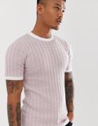 Asos Design Knitted Muscle Fit Ribbed T-shirt In Pink Twist - Pink