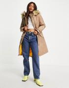 French Connection Faux Fur Lined Parka Coat In Beige And Mustard-multi