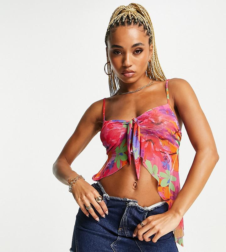 Asyou Knot Front Asymmetric Mesh Cami In Floral Print-multi