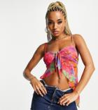 Asyou Knot Front Asymmetric Mesh Cami In Floral Print-multi