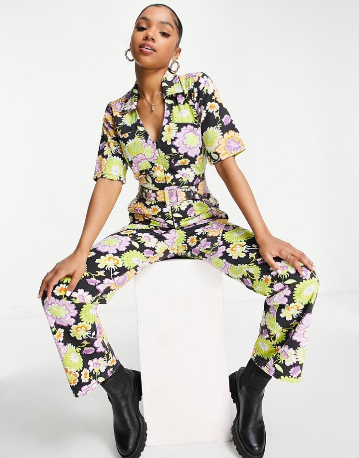 Asos Design Twill Short Sleeve Zip Front Buckle Fit And Flare Jumpsuit In Retro Floral-multi