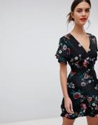 Liquorish Floral Print Wrap Dress With Short Sleeves - Black