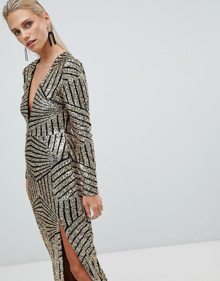 Rare Long Sleeve Plunge Sequin Maxi Dress - Black