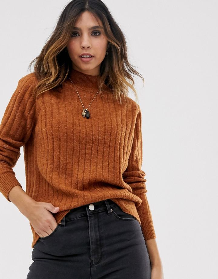Y.a.s Highneck Brushed Rib Sweater In Brown