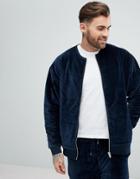 Asos Bomber Jacket In Quilted Puffer Velour - Navy