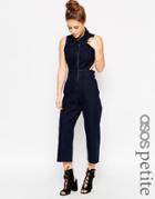 Asos Petite Denim Wide Leg Jumpsuit With Collar In Indigo - Indigo