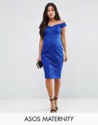 Asos Maternity Lace Sweetheart Bardot Midi Bodycon Dress - Blue