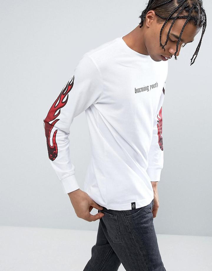 Wasted Paris Long Sleeve T-shirt With Flame Sleeve Print In White - White