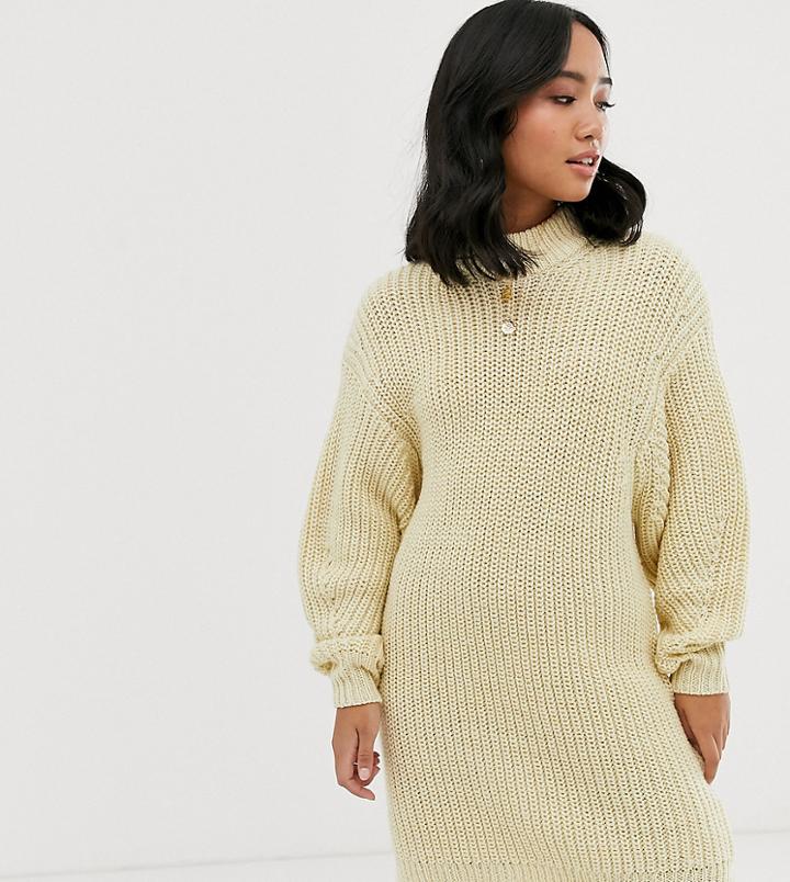 Asos Design Petite Knitted Rib Mini Dress With Chunky Crew Neck-cream