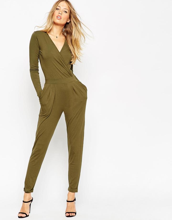 Asos Wrap Front Jumpsuit With Long Sleeves - Khaki
