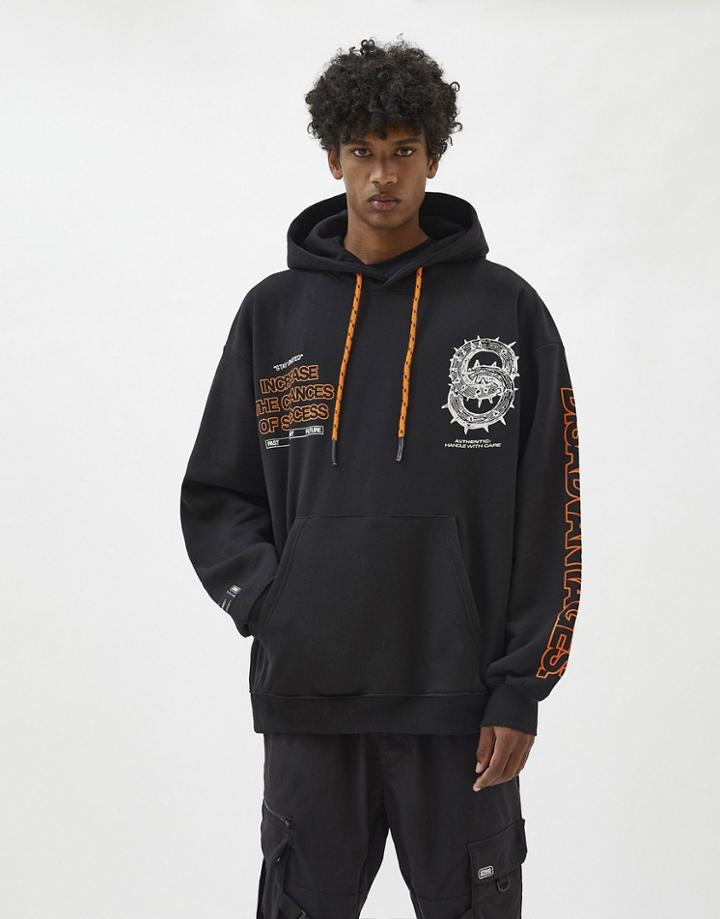 Pull & Bear Printed Hoodie In Black