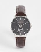 Asos Design Classic Watch With Black Face And Brown Faux Croc Strap With Silver Details
